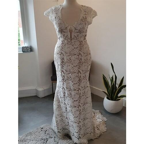 2020 New Arrival Mermaid Wedding Dress Scoop Low Back Capped Sleeve Floral Lace Bridal Gowns Marriage Vestido De Mariee