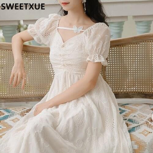 SWEETXUE 2021 Summer Womens Fairy Sweet French Romantic Butterfly Embroidery Hollow Out Party Cute Kawaii Chic Dress Female