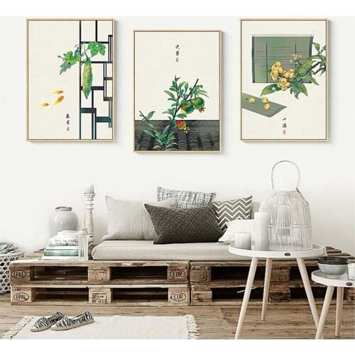 Vintage Home Decoration Canvas Painting Classical Chinese Ink Posters Abstract Plants Flowers Food Wall Art Picture for Kitchen