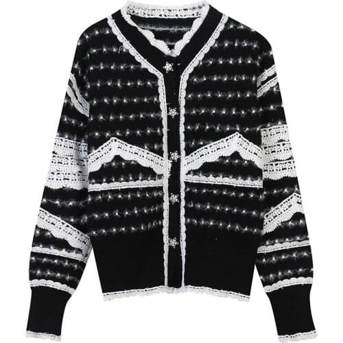 Vintage Women Black Cardigan 2021 Autumn Winter Warm Thick Polka Dot Lace Knitted Cardigan Knitted Jacket Coat Knitwear