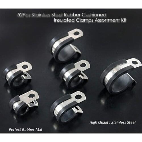 52Pcs Clamp Rubber Wire Clamps Stainless Steel Rubber Cushioned Insulated Clamps Metal Clamp Assortment Durable Storage