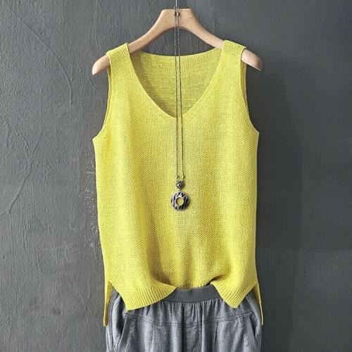 Lady Linen Cotton Knitted Loose Tank Tops Vest Camisole V Neck Sleeveless Shirts