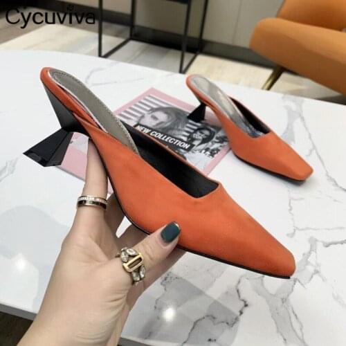 Sexy Women Slippers Summer Square Toe Strange Heel Mules Leather Elegant Ladies Party Dress shoes Lazyman Sadalias Mujer 6.5 cm