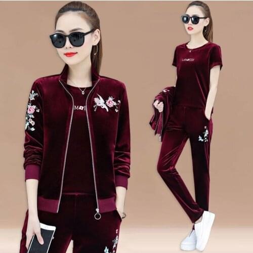 Velvet Tracksuit Women 3 Piece Set Autumn Winter Clothes Jacket + Short Sleeve T-shirt + Pants Suit Velour Womens Sets X515