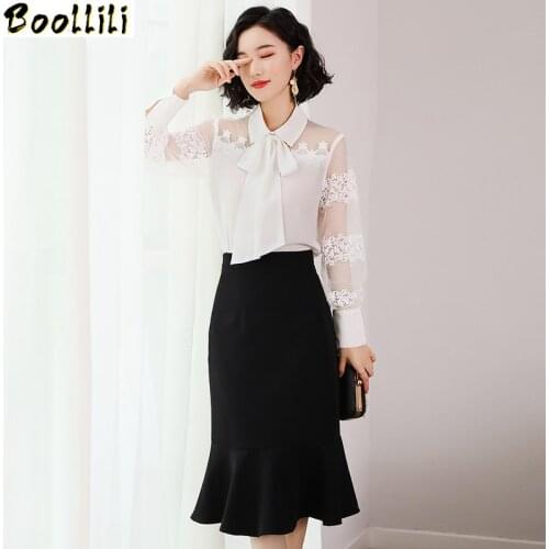 Boollili Two Piece Set Women Office Chiffon Tops Spring Summer Black Skirt 2020 Women Korean Elegant Long Skirts Chandal Mujer