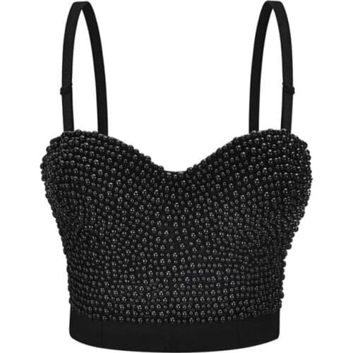Women Sexy Out Pearl Rhineston Crop Top Ladies Short Sleeveless Halter Top Spring Summer