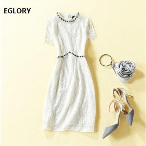 Top Quality New Lace Dress 2020 Summer Party Events Women Studs Beading Deco Short Sleeve Slim Fitted A-Line Lace White Dress