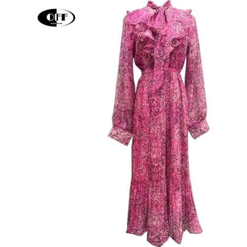 Designer Summer Floral Printed Midi-long Dresses For Women Clothes Elegant Vintage Bow Elastic Waist Ruffles Long Sleeve Dress