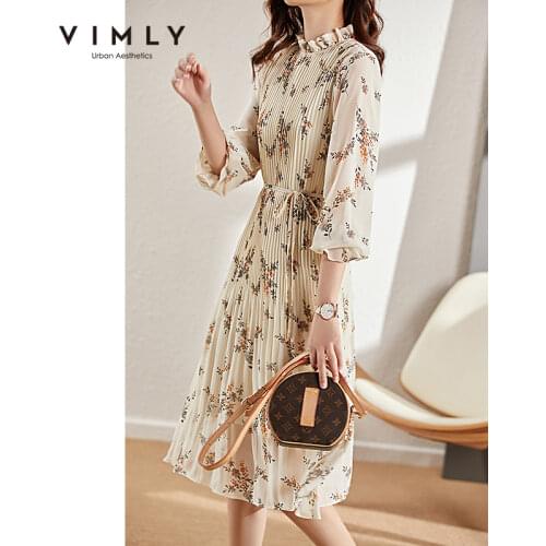 VIMLY French Vintage floral dress women 2021 autumn Long Sleeve French elegant A-line Pleated Midi dresses Female Vestido F8703