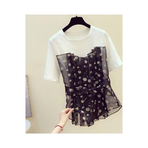 2020 Summer New Mesh Stitching Short Sleeve Printed T-shirt Female Summer Top Grey T Shirt Girls Students Tshirt Tops Shirts