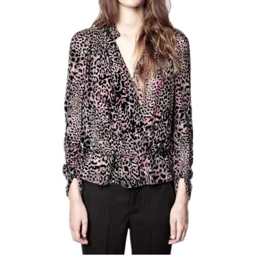 2021 New Style Silk Flocking Velvet Top Wrapped Chest Shirt Casual Fashion All-match Top