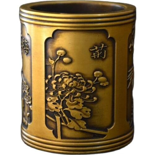Chinese old copper plum orchid bamboo chrysanthemum illustration pen holder carving storage box desktop pen holder