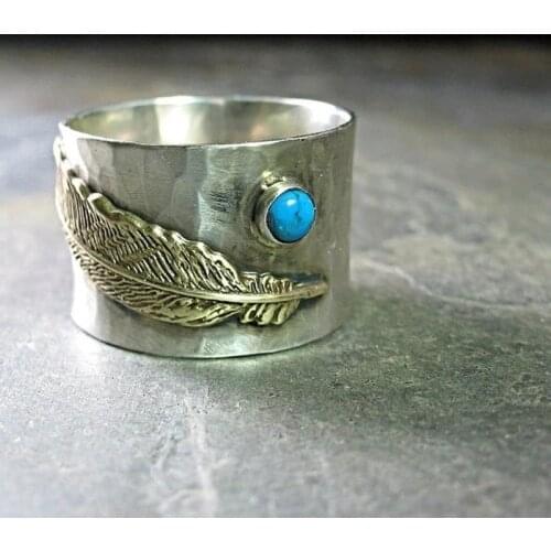 Vintage Carved 925 Silver Two-tone Bee Zircon Ring Bird Feather Horse Sunflower Flower Turquoise Ring