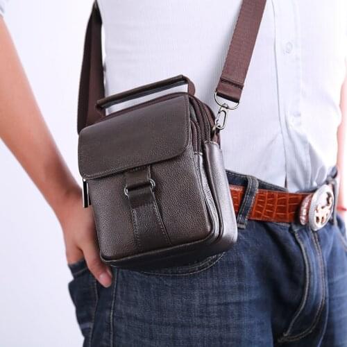 Mens Genuine Leather Small Square Bag Multi-Function Messenger Bag Belt Office Mobile Phone Business Handbag Shoulder Bags Mini