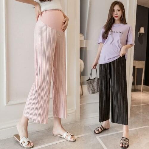 Fashion pregnant womens wide-leg pants, summer striped cropped trousers loose and thin casual belly lift pants
