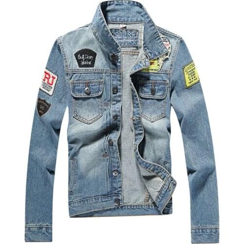 2019 Autumn New Fashion Mens Pocket Square Collar Embroidery Letters All-match Jacket Slim Korean Casual Denim Jacket M-5XL