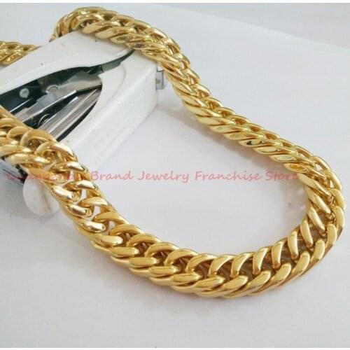 8-40" 14mm Width Charmings Jewelry 316L Stainless Steel Gold color Curb Cuban Chain Mens Necklace High Quality