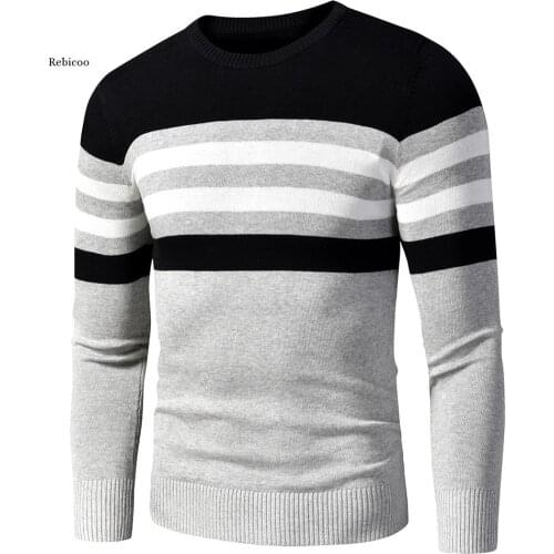 Men Autumn New Casual Striped Thick Fleece Cotton Sweater Pullovers Men Outfit Fashion Vintage O-Neck Coat Sweater Men