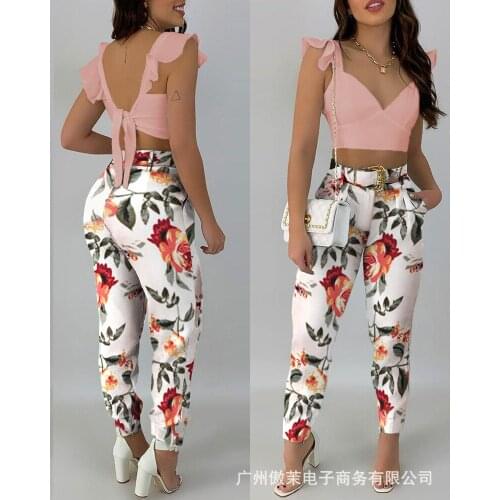 2021 new temperament suit sweet pink floral print suit trouser suit 2-piece set