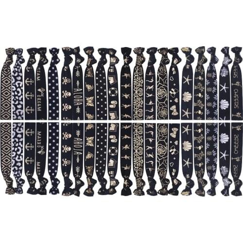5/8" Gold foil printed Knotted FOE Hair Ties elastic for Hair Accessories black 20 different patterns 40pcs/bag