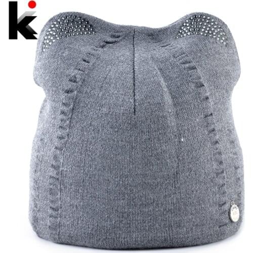 Womens Winter Hats Warm Knitted Hat With Cute Ears Fashion Knitting Rhinestone Beanies Girls Lovely Caps Ladies Solid Bonnet