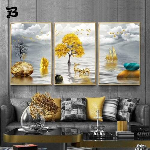 Modern Golden Canvas Printings Wall Art Abstract Aesthetic Tree and Deer Poster Print Wall Picture Landscape for Room Decoration