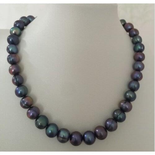 Stunning10-12mm tahitian black green pearl necklace 925silver