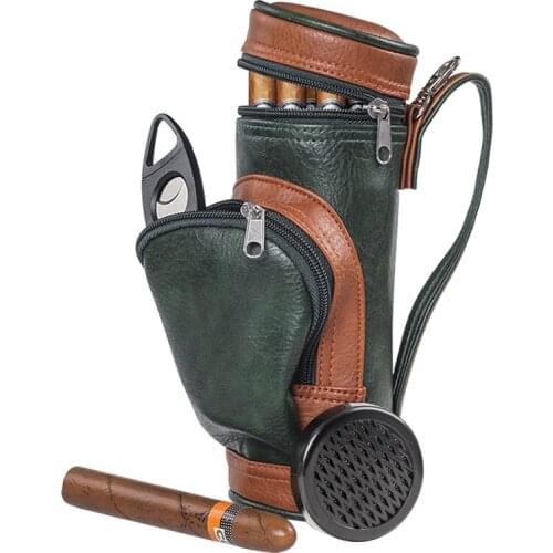 Golf Bag Cigar Case Holder With Humidifier and Cigar Knife,Leather Portable Cigar Bag