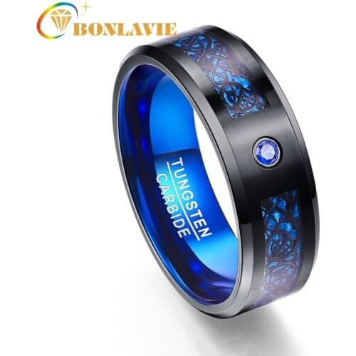 Foreign Trade Carbon Fiber Scrub Blue Zircon Men Rings 100% Tungsten Carbide Anillos para hombres Black Dragon