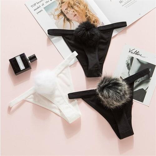 Women Sexy Pure Cotton Thong Pantie Cute Rabbit Tail G-String Fur Ball Bikini T-Back Cosplay Lingerie Exotic Underwear Panties