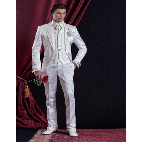 Handsome Mens Suits Embroidery Groom Tuxedos Groomsmen Wedding Party Dinner Best Man Suits Blazer (Jacket+Pants+Vest) NO:325