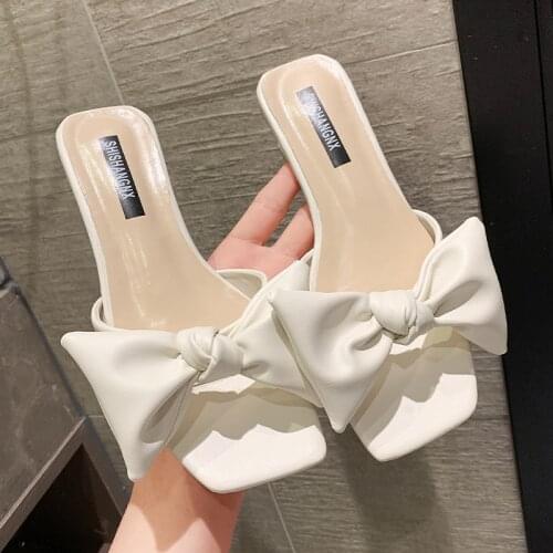 WomensSlippersOpenToeSquare Heel WomensSandalsWomensHigh-heeledShoesBowknotSlippersWomens SandalsFashionSummerWomens Shoes