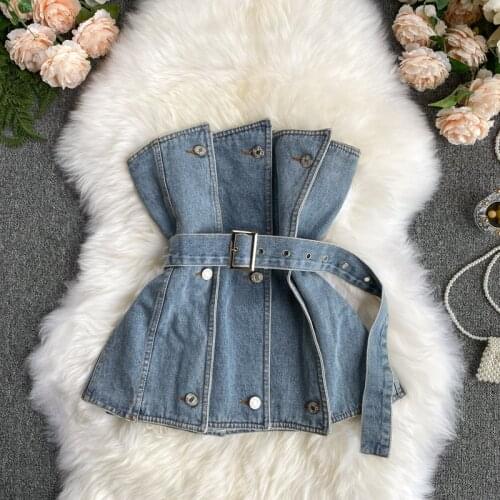 Women Cheap Chic Pleated Breasted Design Denim Tube Top Personality Short Belted Top