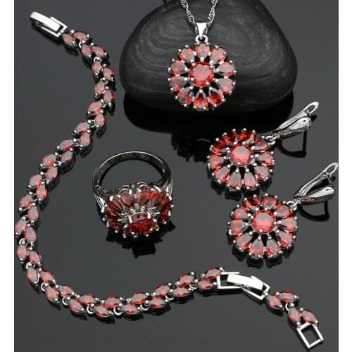 925 Sterling Silver Jewelry Sets For Women Romantic Gift Red Garnet Cubic Zirconia Earrings Pendant Ring Bracelet Necklace Set