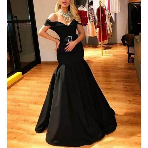 Sexy V-Neck Long Satin Mermaid Off Shoulder Evening Dresses Black Floor Length Lace Up Back Formal Party Gowns for Women