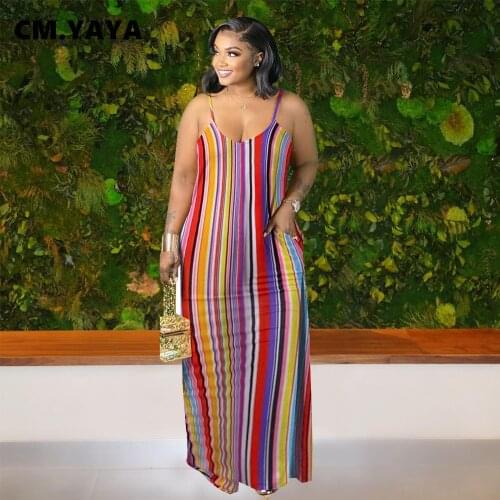 CM.YAYA Women Plus Size Dress Striped Strap O-neck Bodycon Stretchy Maxi Long Dresses with Pockets Vintage Vestidos Summer 2021