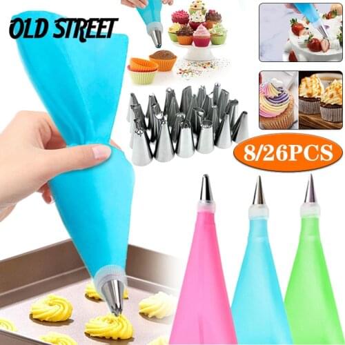 26Pcs/Set Silicone Pastry Bag Tips Kitchen DIY Cake Icing Piping Cream Cake Decorating Tools Reusable Pastry Bags+24 Nozzle Set