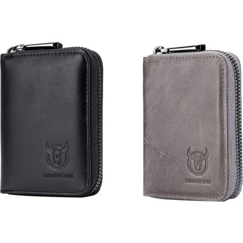 2x BULLCAPTAIN Leather Men Wallet Card Pack Zipper Card Case Holder Credit Card Bag Short Coin Purse Gray & Black