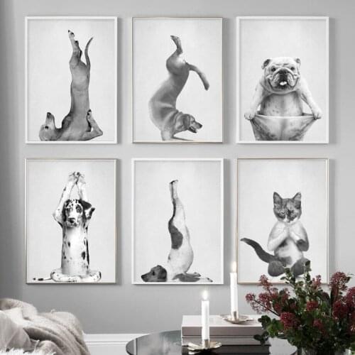Black and White Canvas Painting Animal Wall Art Picture for Home Design Dancing Cat Yoga Monkey Posters and Prints No Frame