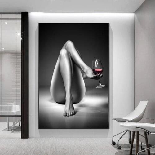 Black White Sexy Girl Canvas Painting Nude Woman Wine Glass Posters Prints Wall Art Modern Pictures for Living Room Home Decor