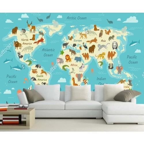 Childrens wallpaper, a World Map with Animals, 3D Photo Mural For Living Room Kids Room Bedroom Background papel de parede
