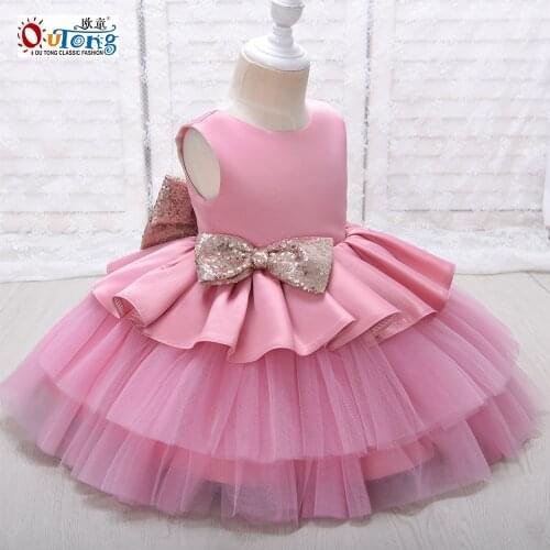 Outong Summer Kids Party Dresses 0-6 Year Old Elegant Big Bow sequin V-Back Princess Mesh Tutu Casual Girls Dress For Birthday