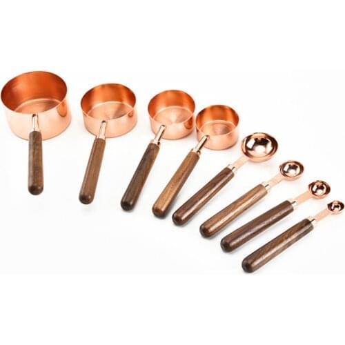 Household Kitchen Dining Bar Baking Tools Walnut Wooden Handle Copper Plating Measuring Cups Spoon Cake Sugar Tools Set
