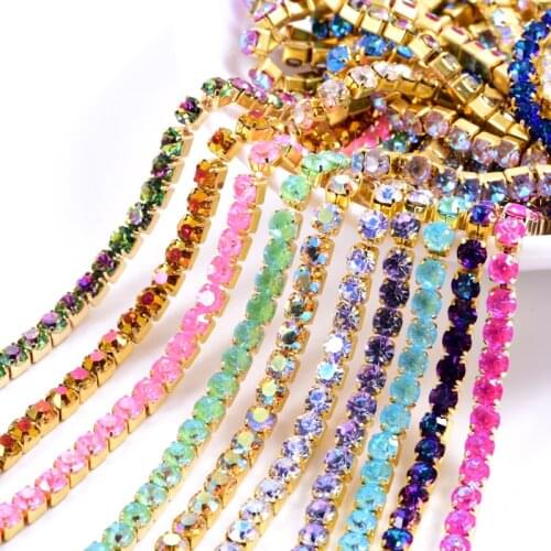 1 yard Quality Crystal Glass Rhinestones Cup Trimming Colorful Crystal High-Quality Strass Golden Base Rhinestones Chain B3903