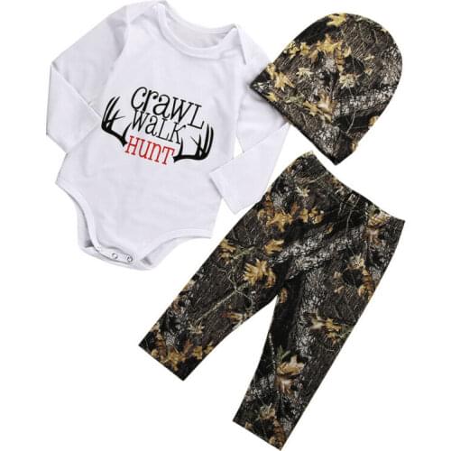 PUDCOCO 3PCS Crawl Walk Hunt Newborn Baby Boys Romper Tops Pants Hat Outfits Set Clothes Support wholesale