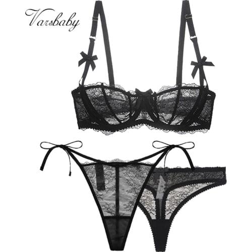 Varsbaby Sexy Lace Bow Half Cup plus size Underwear Set 3piece/lot 1Bra + 2Comfortable Lace Thong Ladies