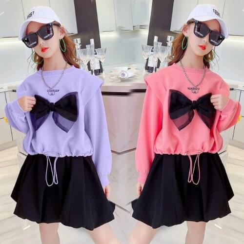 Child Girls Sweatshirt Sets Autumn Pink Bow Skirt Two-piece Suit Clothes for Kids Korean Long Sleeve School Teens Sportswear 8 Y