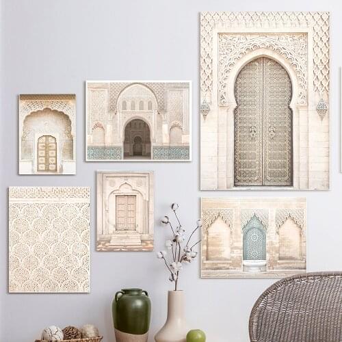 Moroccan Door Wall Art Bohemian Arabic Calligraphy Canvas Panting Islamic Architecture Poster Print Wall Pictures Boho Decor