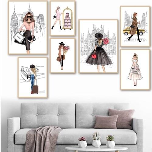 Fashion City Girl Plane Travel Shopping Flower Wall Art Canvas Painting Nordic Posters And Prints Wall Pictures Girl Room Decor