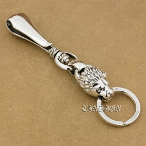 925 Sterling Silver Huge Lion KeyRing Mens Biker Rocker Punk Keychain Belt Clip 9T021